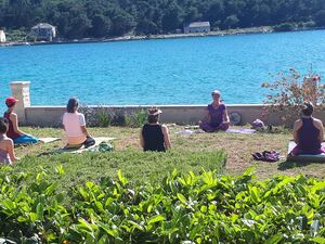 Bild zeigt Gruppe von 5 Menschen, die Yogaübungen am Strand machen.